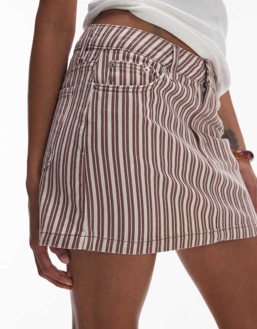 Topshop denim pelmet mini skirt in burgundy and buttermilk stripe, 2 of 5