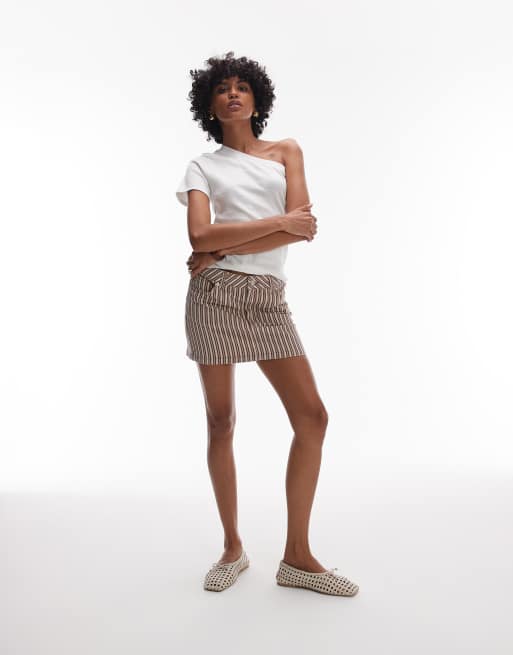 Topshop denim pelmet mini skirt in burgundy and buttermilk stripe, 3 of 5