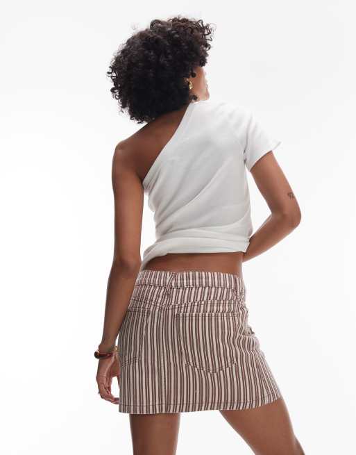 Topshop denim pelmet mini skirt in burgundy and buttermilk stripe, 5 of 5