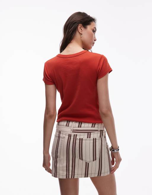 Topshop denim pelmet mini skirt in burgundy stripes, 4 of 5