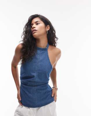 denim peplum halter top in indigo-Blue