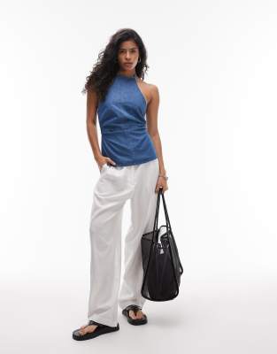 Topshop Denim Peplum Halter Top In Blue