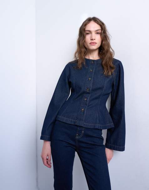 Topshop denim peplum long sleeve top in indigo - view 1