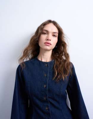 Topshop Denim Peplum Long Sleeve Top In Blue
