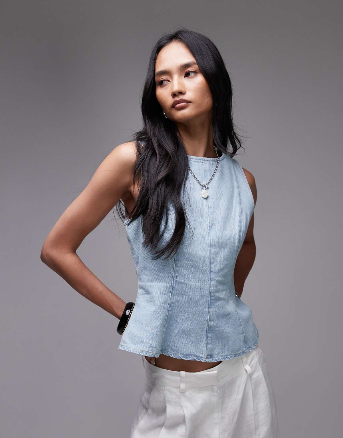 Topshop denim peplum top in bleach