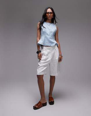 Topshop Denim Peplum Top In Blue