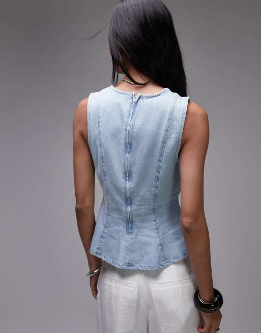 Topshop - Denim peplum top in bleekwassing, 4 van 4