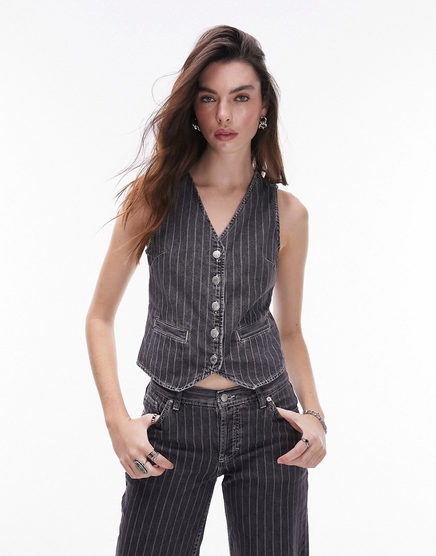 denim pinstripe vest in washed black - part of a set