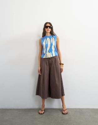 Topshop Denim Pleated Culotte In Brown