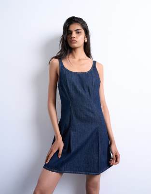 Topshop Denim Pleat Detail Mini Dress In Blue