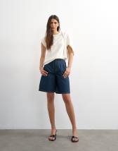 Topshop denim pleated longline short in indigo rinse