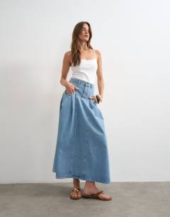 Denim pleated maxi skirt in bleach