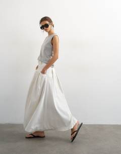 Denim pleated maxi skirt in bone