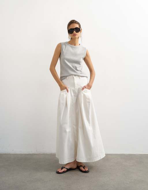 Topshop denim pleated maxi skirt in bone, 5 of 5