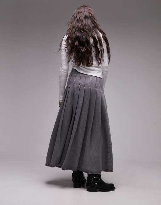 Topshop denim pleated midi skirt in gray ASOS