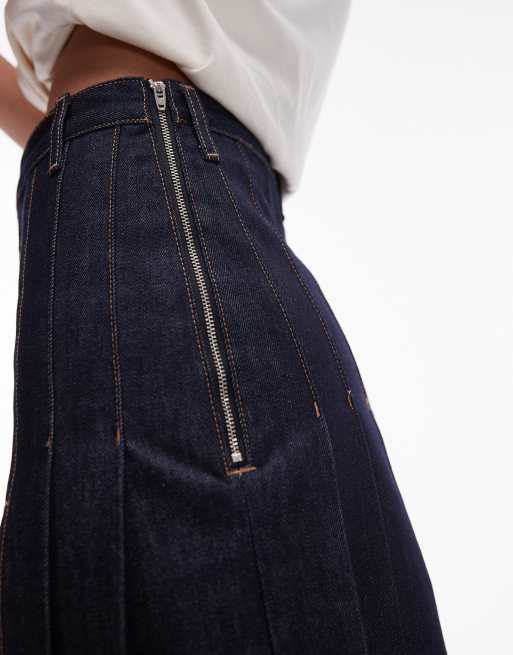 Topshop denim pleated midi skirt in raw indigo, 3 of 5