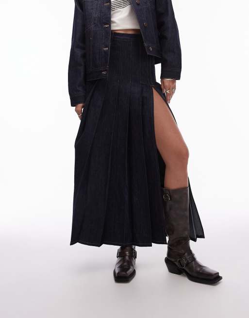 Topshop denim pleated midi skirt in raw indigo, 5 of 5