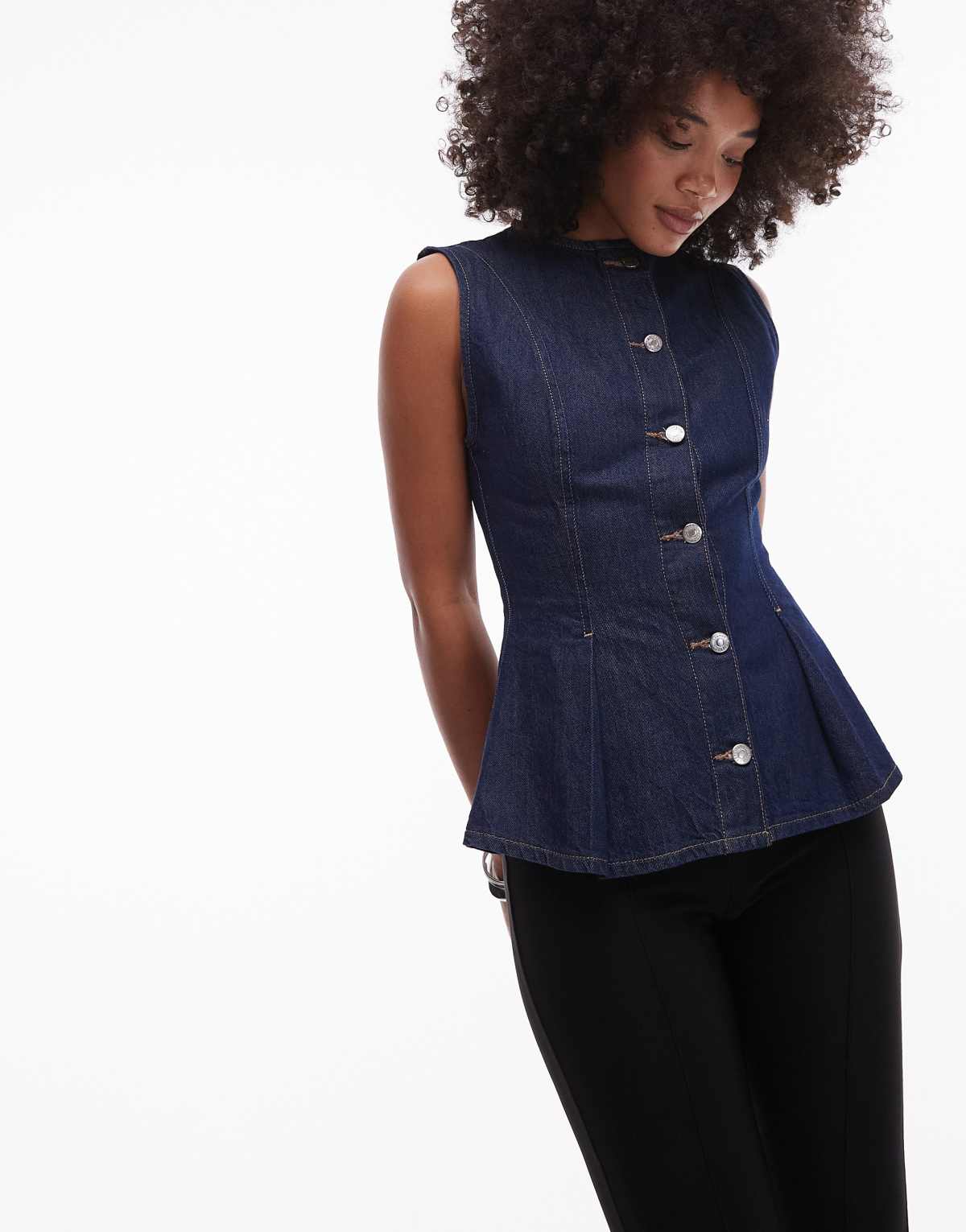 Topshop denim pleated peplum top in indigo