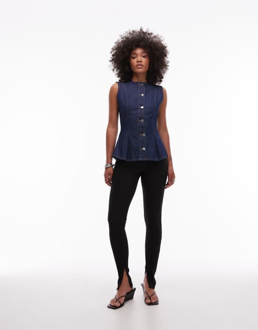 Topshop denim pleated peplum top in indigo