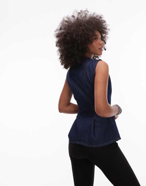 Topshop denim pleated peplum top in indigo
