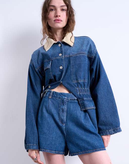 Topshop denim pleated short in mid blue, 2 of 5
