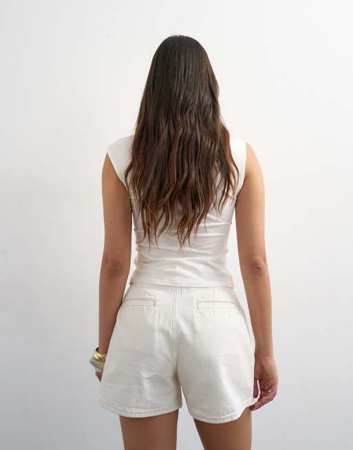 Topshop denim pleated short in white, 4 of 5