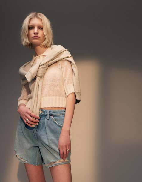 Topshop denim pleated shorts in bleach - view 1