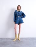[Topshop] Topshop denim pleated shorts in mid blue 16 Blue