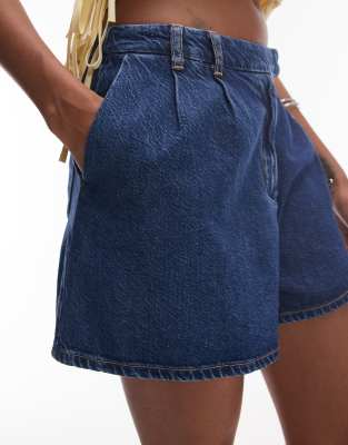 Topshop Denim Pleated Shorts In Blue