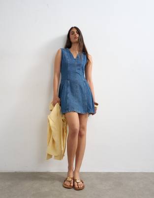 Topshop Denim Pleated Side Down Mini Dress Rich Blue