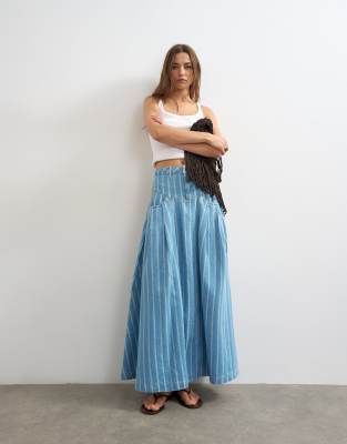 Topshop denim pleated yoke maxi skirt in striped print