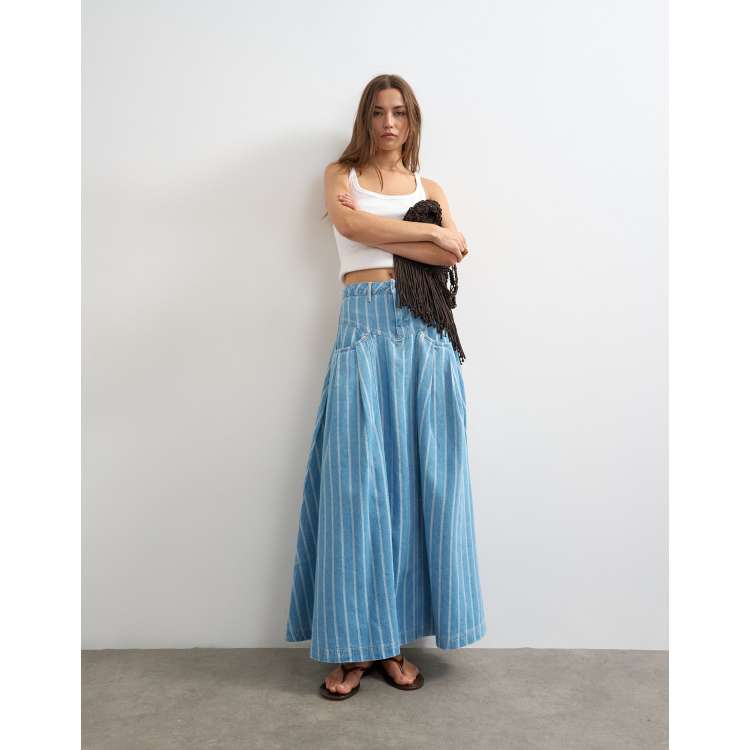 Topshop denim pleated yoke maxi skirt in striped print | ASOS