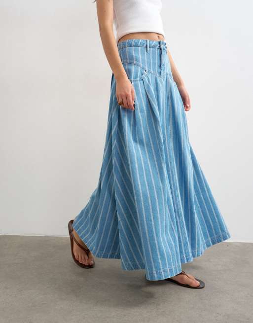 Topshop denim pleated yoke maxi skirt in striped print, 2 of 5