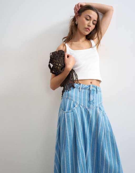 Topshop denim pleated yoke maxi skirt in striped print, 3 of 5