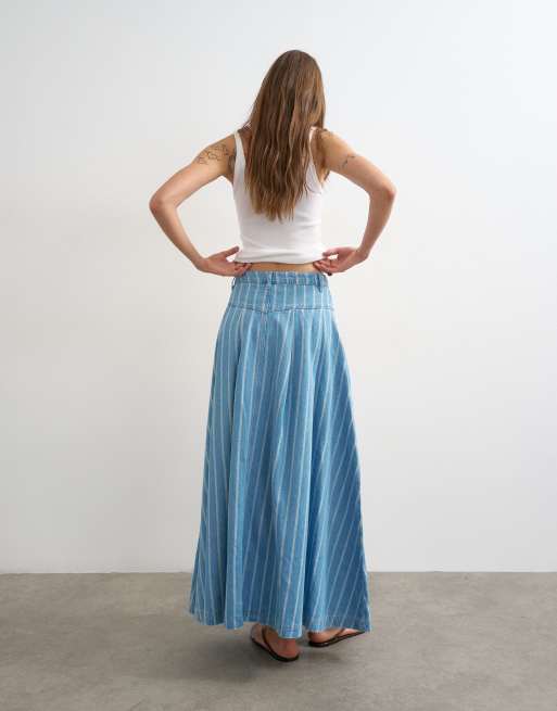 Topshop denim pleated yoke maxi skirt in striped print, 4 of 5