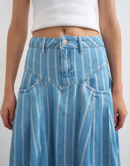 Topshop denim pleated yoke maxi skirt in striped print | ASOS