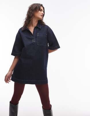 denim polo shirt dress in rinse indigo-Navy