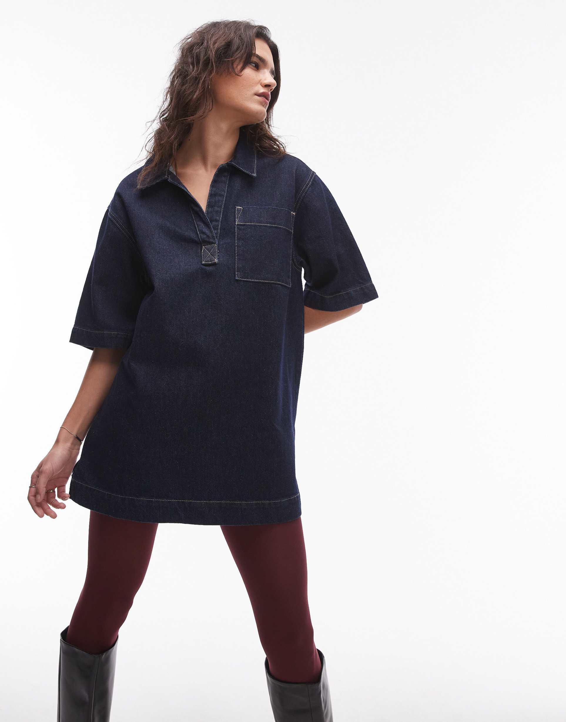 topshop denim polo shirt dress in rinse indigo