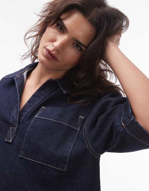 Topshop denim polo shirt dress in rinse indigo