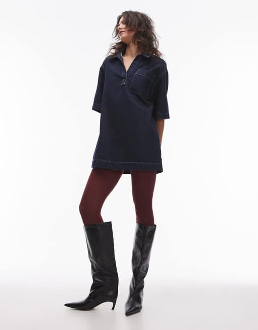 Topshop denim polo shirt dress in rinse indigo
