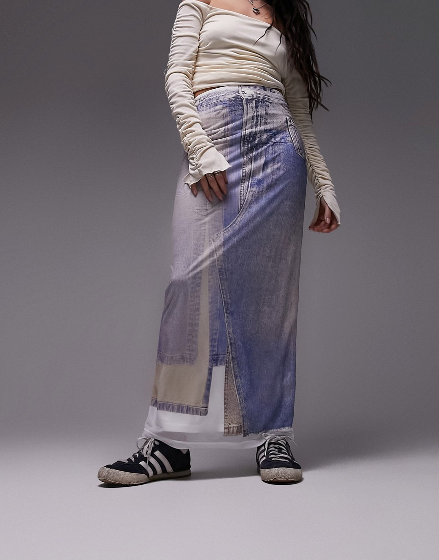 Topshop denim print mesh midi skirt in blue