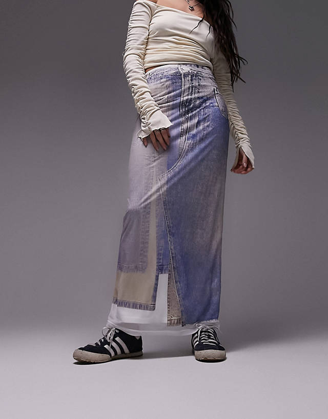Topshop - denim print mesh midi skirt in blue