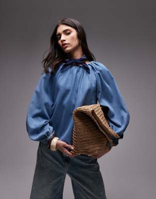 Shop Topshop Denim Puff Sleeve Top With Bow Tie In Blue
