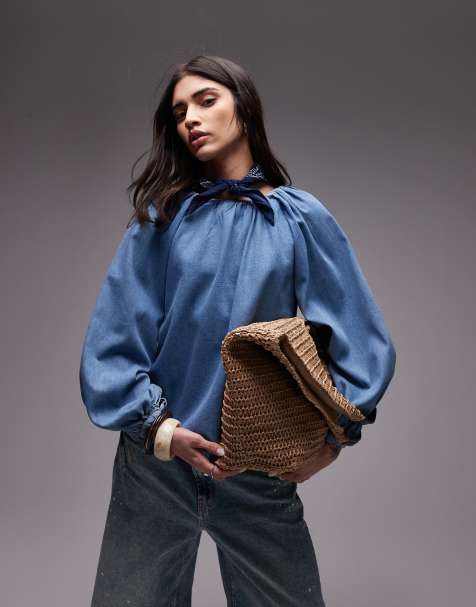Topshop denim puff sleeve top with bow tie in mid blue - view 1