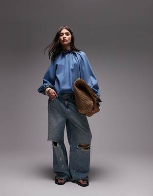 Shop Topshop Denim Puff Sleeve Top With Bow Tie In Blue