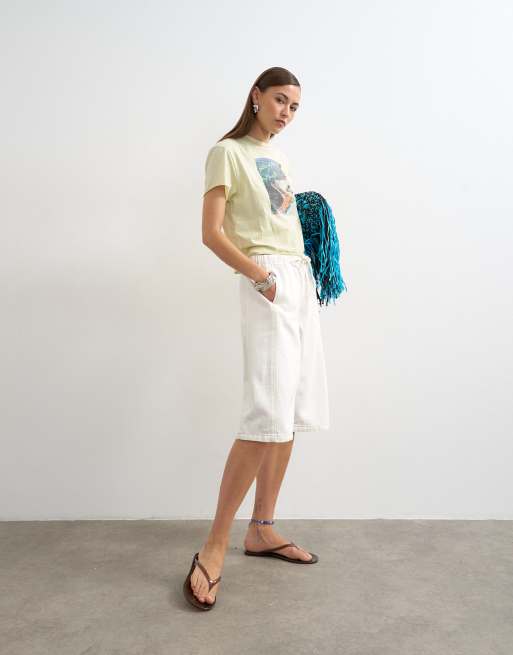 Topshop denim pull on barrel short in bone, 5 of 5