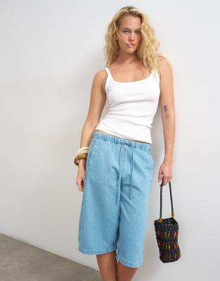 Topshop Denim Pull On Barrel Shorts In Blue