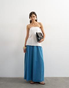 Model wearing Denim pull on circle maxi skirt in bleach
