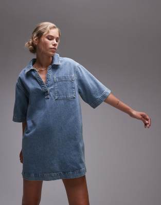 denim pull on dress in light blue