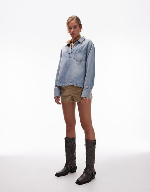 Topshop denim pull on shirt in bleach | ASOS Topshop denim pull on shirt in bleach | ASOS